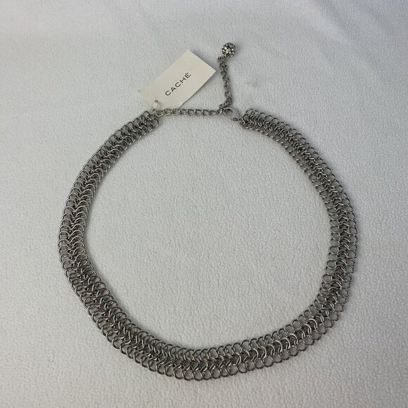 Cache Silver Heavy 3 Row Chain Statement Necklace 1” Wide New - Picture 2 of 9